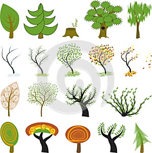 Many different cartoon trees