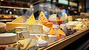 Many different cheeses on the shop window