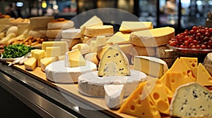 Many different cheeses on the shop window