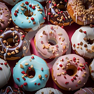 many different colored donuts on a pink background