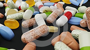 Many different colored tablets, capsules on black background. Health care concept. Antibiotics inside pills, vitamins