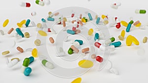 Many different colored tablets, capsules isolate on white background. Health care concept. Antibiotics inside pills