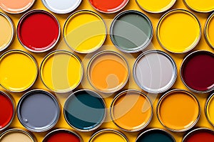 Many different colored tin cans with paint. House rennovation, design ideas, bright conceptual photo