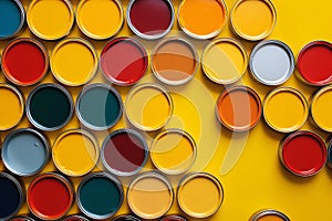 Many different colored tin cans with paint. House rennovation, design ideas, bright conceptual photo photo
