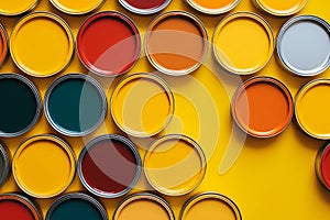 Many different colored tin cans with paint. House rennovation, design ideas, bright conceptual photo photo