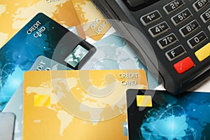 Many different credit cards and payment terminal