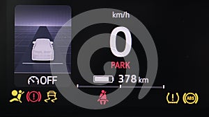 Many different electric car dashboard lights with warning lamps illuminated. Light symbol that pops up on dashboard when