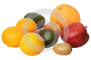 Many different fruits on a light background.