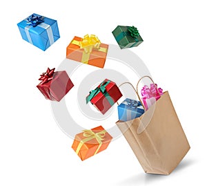 Many different gift boxes falling into paper shopping bag on white background