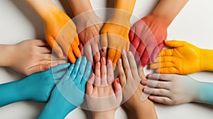 Many different hands of kids arranges in a circle with the hand palms painted with colored paint, white background