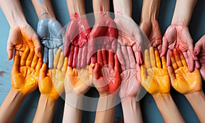 Many different hands of kids arranges in a circle with the hand palms painted with colored paint, white background