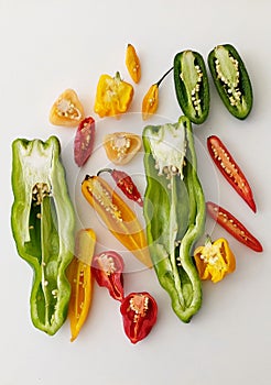 Many different kinds of  pepper in white background,