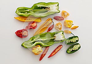 Many different kinds of  pepper in white background