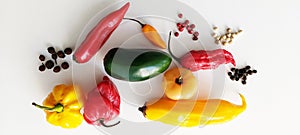 Many different kinds of  pepper in white background