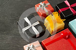 Many different multi-colored bright gift wraps