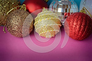 Many different multicolored shiny Christmas decorative beautiful xmas festive Christmas balls, Christmas tree toys background