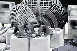 Many different objects printed on 3D printer from powder polyamide.