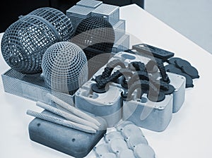 Many different objects printed on 3D printer from powder polyamide.