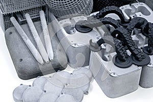 Many different objects printed on 3D printer from powder polyamide.