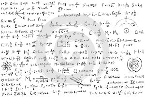 Many different physics formulas written on blackboard