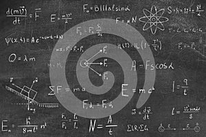 Many different physics formulas written on blackboard