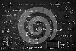 Many different physics formulas written on blackboard