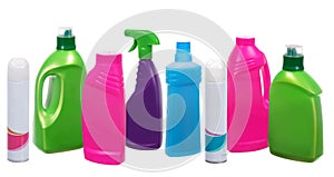 Many different plastic bottles of cleaning products