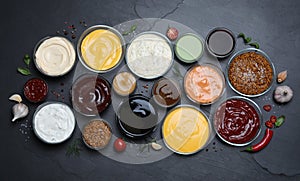 Many different sauces on black table, flat lay