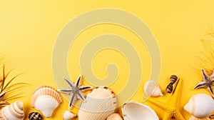 Many different seashells on bright yellow background. Neural network ai generated