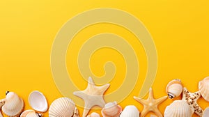 Many different seashells on bright yellow background. Neural network ai generated