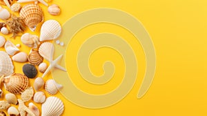 Many different seashells on bright yellow background. Neural network ai generated