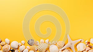 Many different seashells on bright yellow background. Neural network ai generated