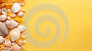 Many different seashells on bright yellow background. Neural network ai generated