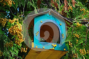 Many different shapes bird feeders birdhouse for nesting box hanging on the tree. Bird feeders in park.