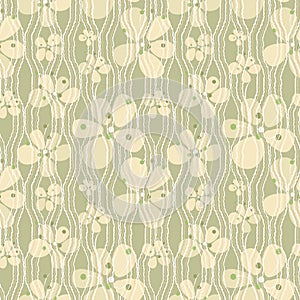 Many different size pistachio color buttercup flowers, white and beige wavy lines on light green background