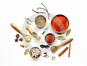 Many different spices on white background