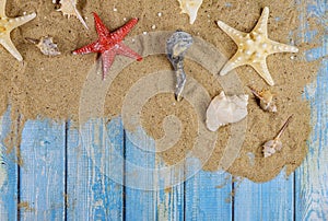 Many different star fish and shells in the sand beach on a blue wooden background