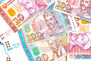 Many different Tajik somoni currency as a Tajikistan money background.