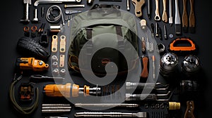 many different tools are laid out in the dark table top view