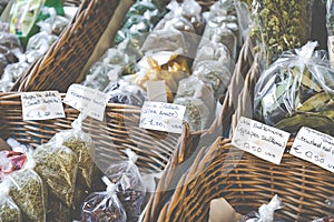 Many different traditional italian colorful spices at market in