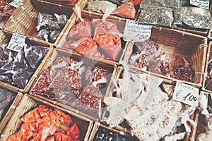 Many different traditional italian colorful spices at market in