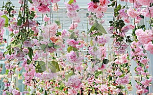 Many different type of sweet artificial flower hanging from ceiling. Beautiful Upside down flowers