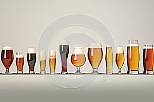 Many different types of beer in glass on grey background with copy space, series of beer glasses in various shapes and sizes,
