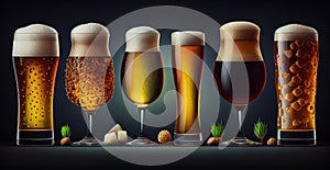 Many different types of beer in mugs and glasses - AI generated image