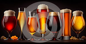 Many different types of beer in mugs and glasses - AI generated image
