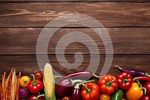Many different various fresh raw vegetables on rustic wooden table background copy space healthy balanced food concept