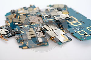 Many discarded circuit boards. Chip, circuitry