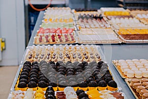 Many dishes prepared on the metal table of a food factory