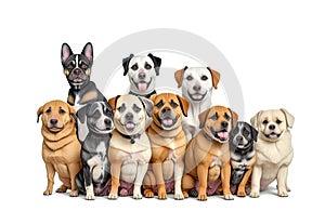 Many dogs different breeds, sizes, and colors. Dog Ensemble: Breeds, Sizes, Colors, Discipline, Cute Pets isolated on White