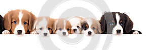 many dogs of different breeds and sizes on white background. web banner for advertising veterinary clinics, grooming salons and